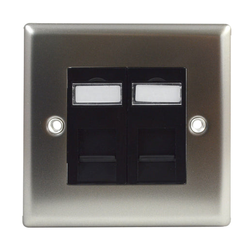 Varilight XNG2 Satin Chrome Single Gang Electrical Faceplate with Two Black RJ45 CAT6 Ethernet Network Modules