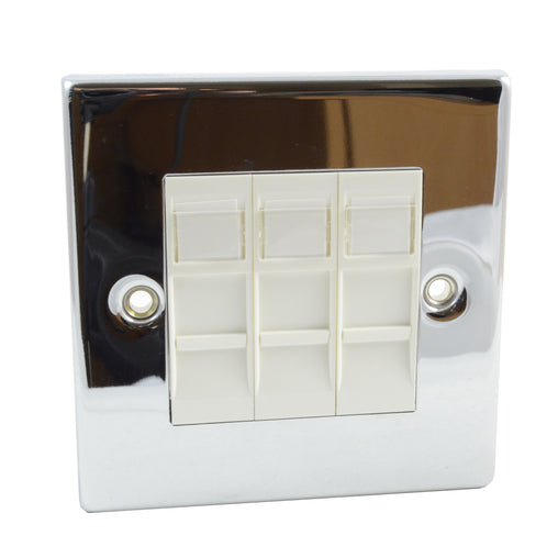 Click Deco VPCH311 Polished Chrome Single Gang Electrical Faceplate with three white RJ45 CAT6 Ethernet Network Modules