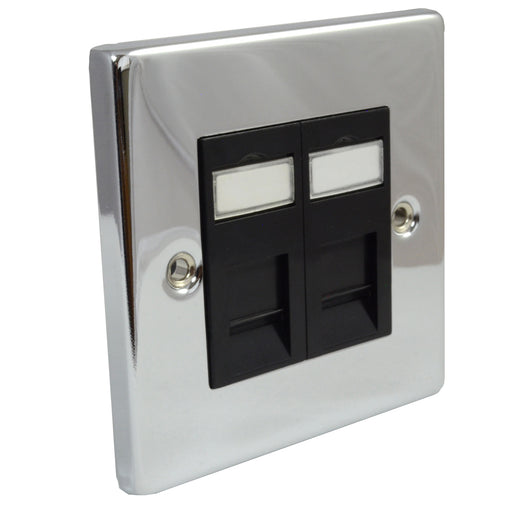 Click Deco Polished Chrome Single Gang Electrical Faceplate with Two black RJ45 CAT6 Ethernet Network Modules