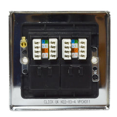 Click Deco Polished Chrome Single Gang Electrical Faceplate with Two black RJ45 CAT6 Ethernet Network Modules