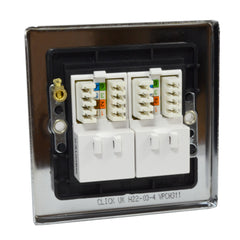 Click Deco Polished Chrome Single Gang Electrical Faceplate with Two White RJ45 CAT6 Ethernet Network Modules