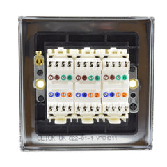 Click Deco VPCH311 Polished Chrome Single Gang Electrical Faceplate with three white RJ45 CAT6 Ethernet Network Modules