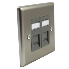 Varilight XNG2 Satin Chrome Single Gang Electrical Faceplate with Two Grey RJ45 CAT6 Ethernet Network Modules