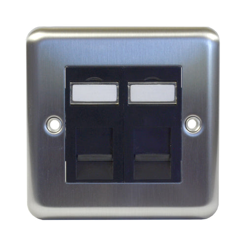 Varilight XSG2 Brushed Stainless Steel Single Gang Electrical Faceplate with Two Black RJ45 CAT6 Ethernet Network Modules